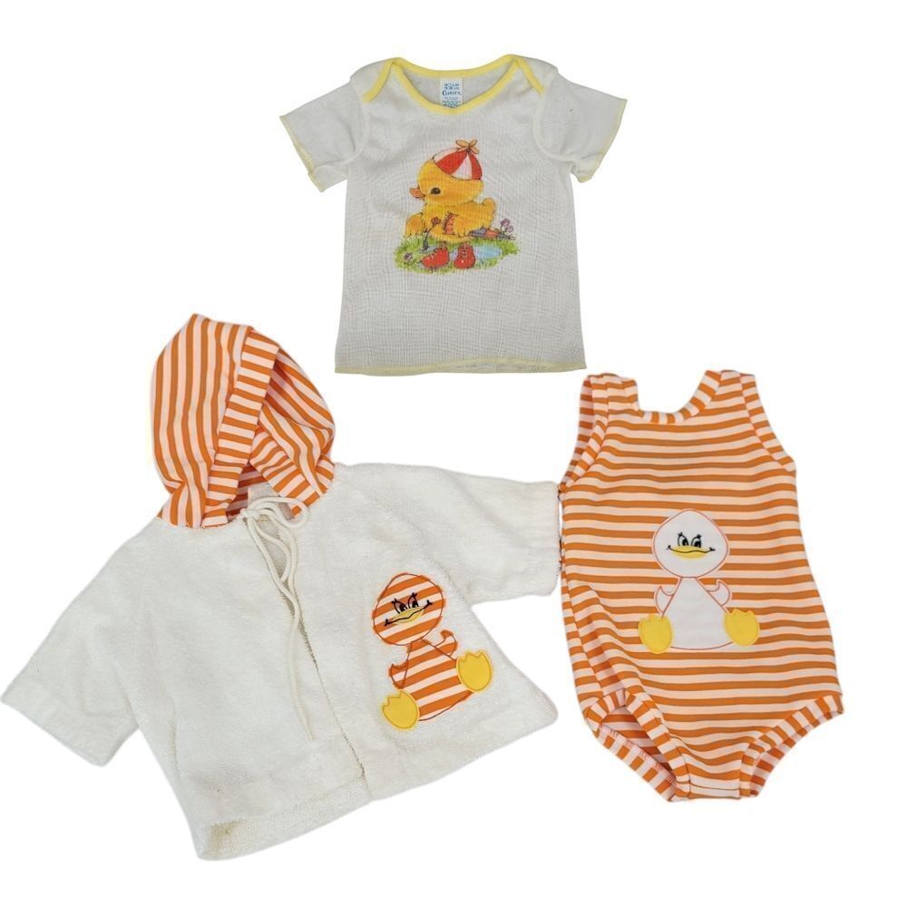 Vintage Adorable Duck Themed Baby Swimsuit Terrycloth Robe and T-shirt Set 80s